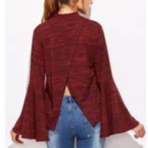 Fashion Bell Sleeve Marled Red Top Split Back